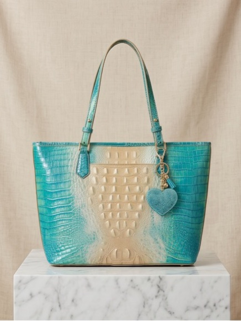 Brahmin Teal to Cream Ombre Croc-Embossed Tote with Dust bag and incert - Picture 4 of 15
